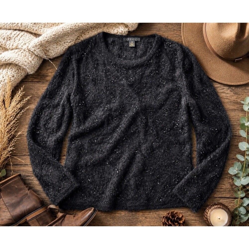 Angora Sweater Shirt Top Christmas Pullover Size Med Fuzzy Black Beaded Tesori